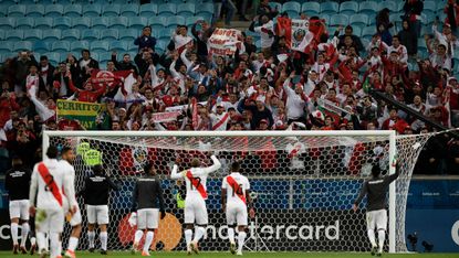 Peru players and fans celebrate their Copa America semi-final win over Chile 