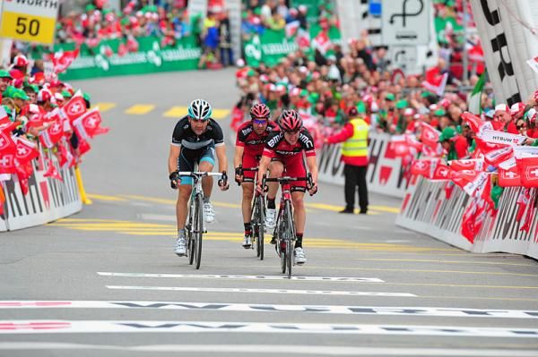 Mathias Frank (BMC) leads Maxime Monfort (Leopard Trek) and his BMC teammate Johann Tschopp across the finish line.