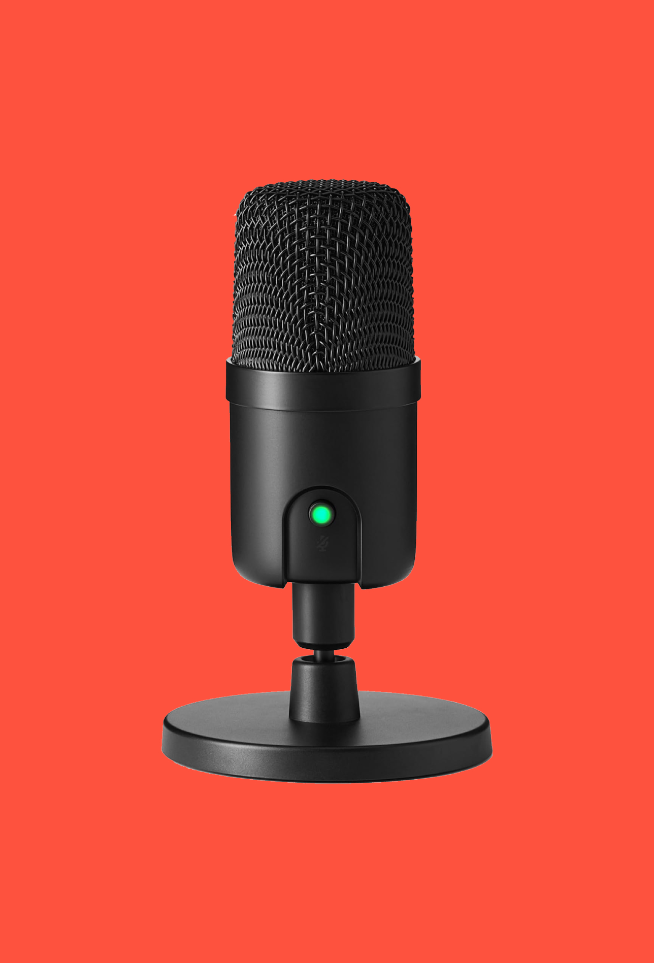 The Amazon Basics USB Condenser Microphone on a red background