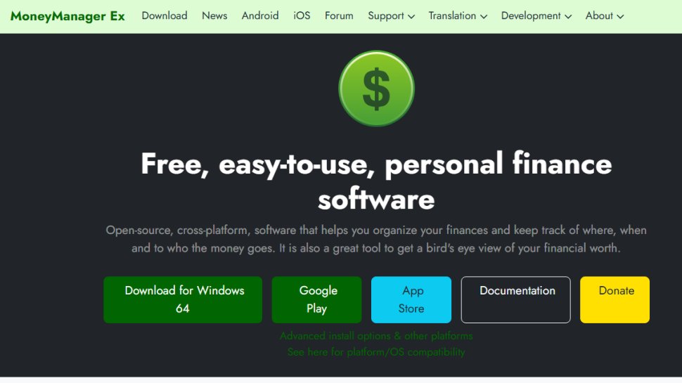 Website screenshot of Money Manager Ex (February, 2026)