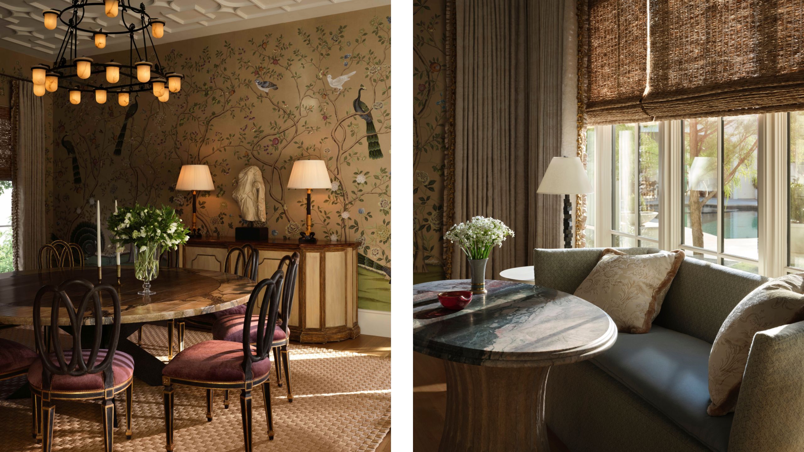 two side by side images of a layered dining room wrapped in a floral De Gournay wallpaper with dramatic ceiling, antique round table and statement lighting