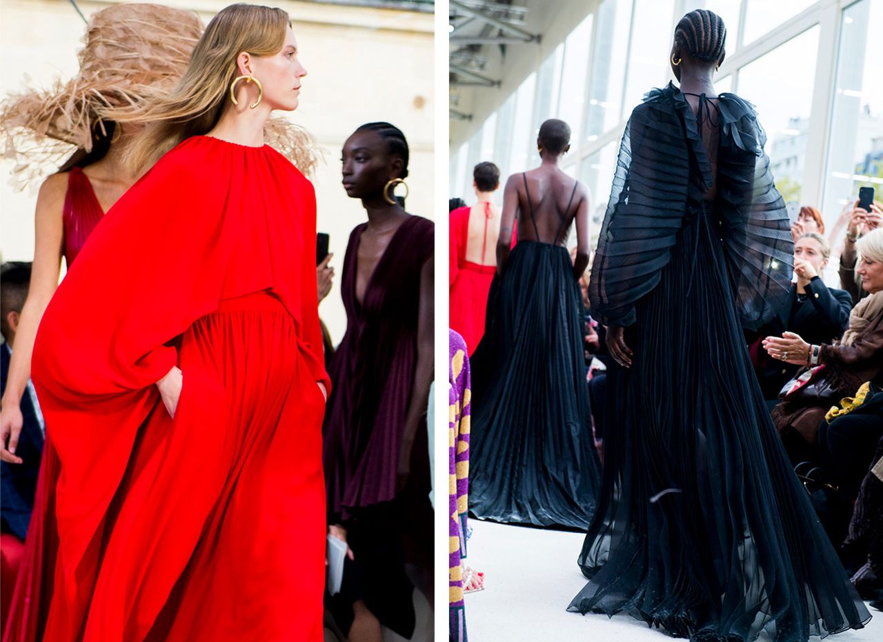 Models wear red and black dresses at Valentino S/S 2019