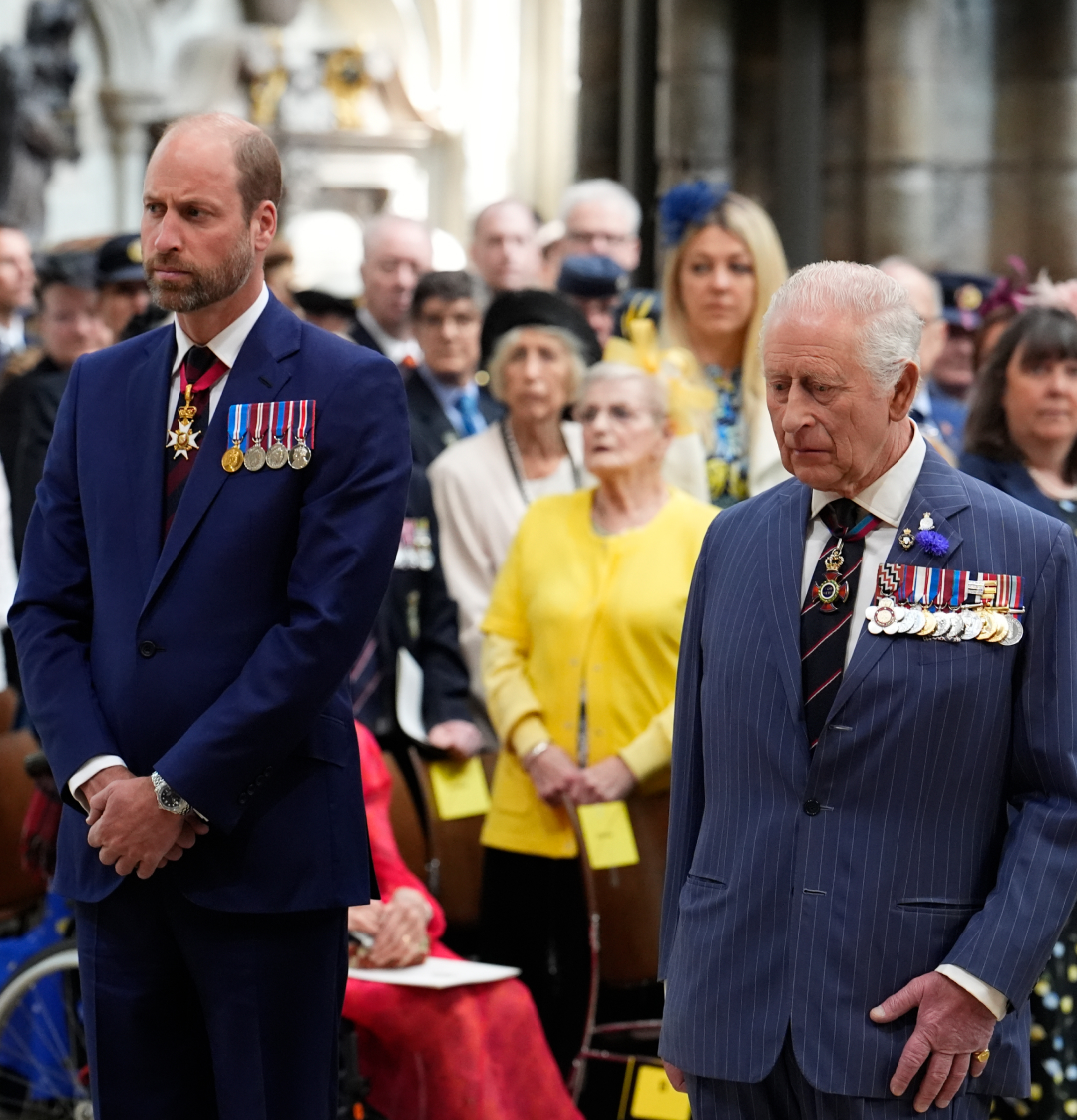 Prince William and King Charles wearing blue suits with medals standing next to each other
