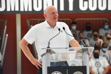  Owner Steve Ballmer of the LA Clippers speaks during the Los Angeles Clippers and City of Los Angeles celebration opening of 350th Clippers Community Court