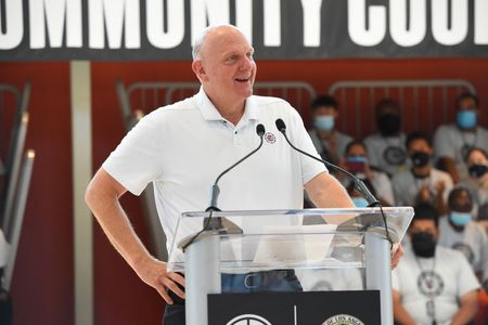  Owner Steve Ballmer of the LA Clippers speaks during the Los Angeles Clippers and City of Los Angeles celebration opening of 350th Clippers Community Court