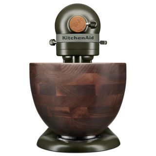 KitchenAid Evergreen Design Series Artisan Tilt-Head 4.7L Stand Mixer with unique Walnut Wooden Bowl square