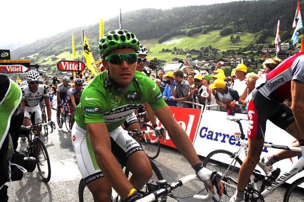 Thor Hushovd (Cervelo TestTeam) arrives at the finish after attacking solo over some big climbs earlier in the stage to scoop up intermediate sprint points.