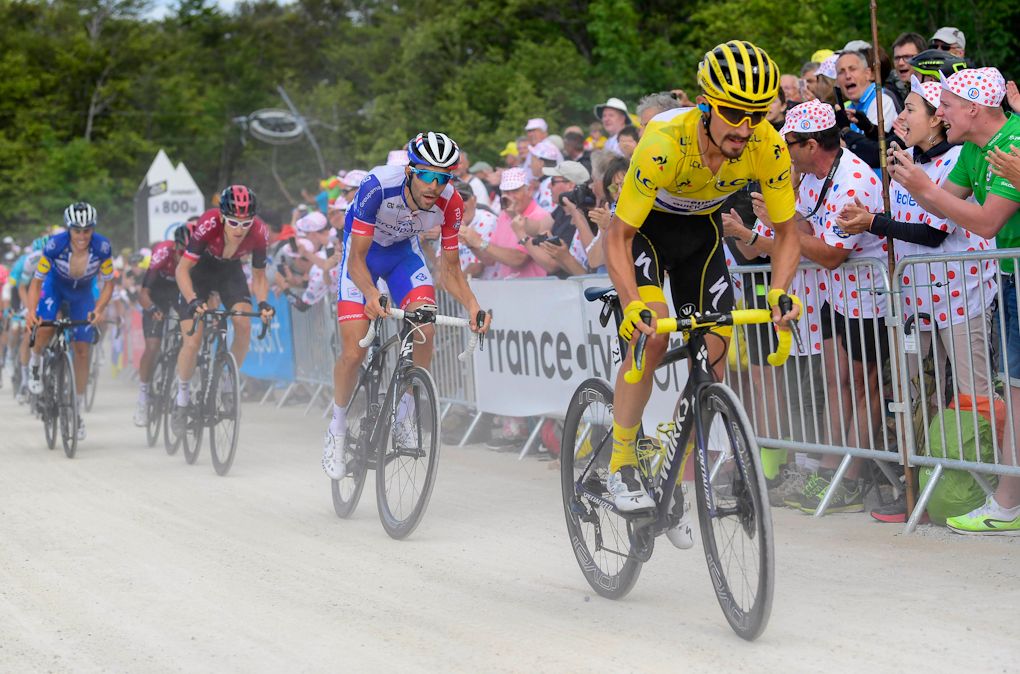 Julian Alaphilippe on the gravel near the end of stage 6 at the Tour de France