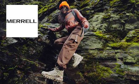 merrell logo top left with a woman on mossy rocks 