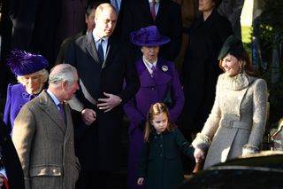 Britain'Camilla, Duchess of Cornwall, Britain's Prince Charles, Prince of Wales, Britain's Prince William, Duke of Cambridge, Britain's Princess Anne, Princess Royal, Britain's Princess Charlotte of Cambridge and Britain's Catherine, Duchess of Cambridge, leave after the Royal Family's traditional Christmas Day service