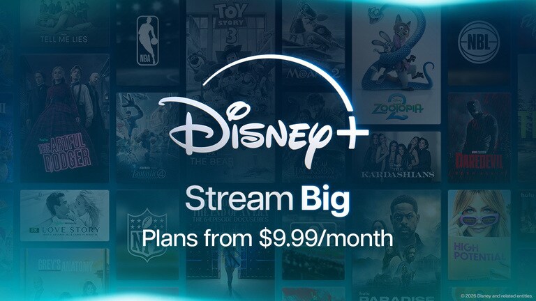 Disney+ logo with stream big text and faded key art with blue background