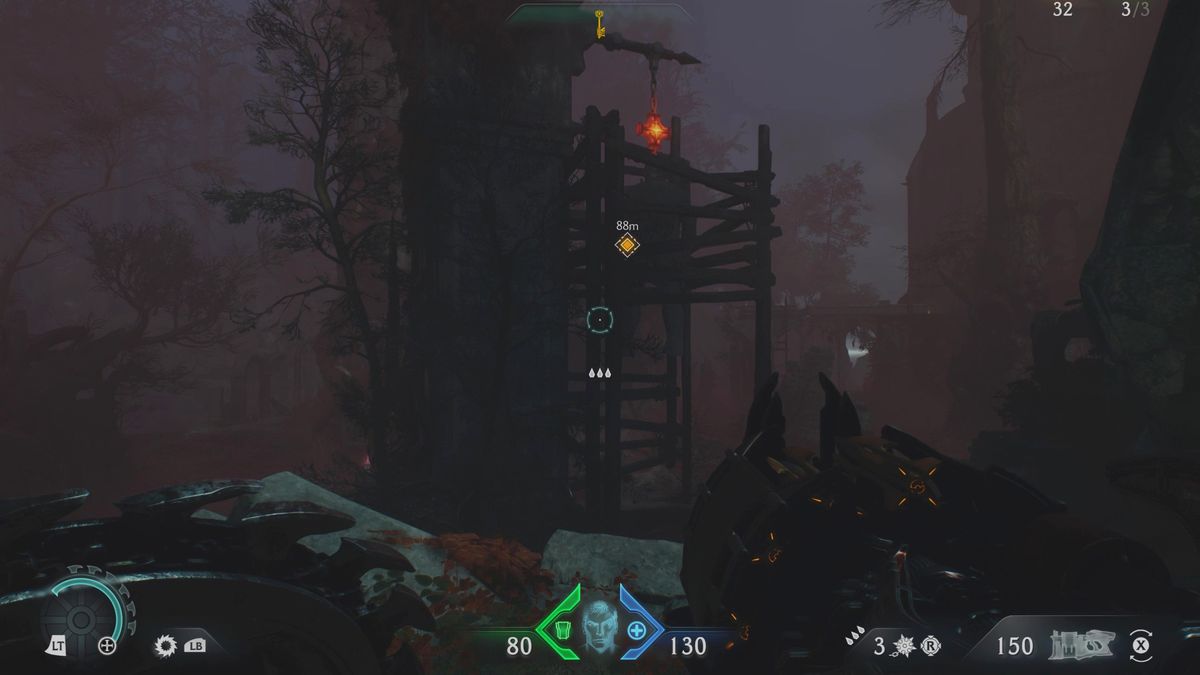 Doom: The Dark Ages Abyssal Forest secrets - A hanging statue above a wooden hatch in a dark forest.