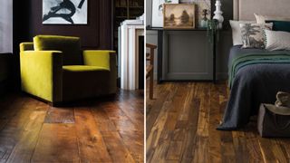 collage of two images side by side to show rich warm wooden floors as a key color choice over bleached woods as a dominating Floor trend 2023