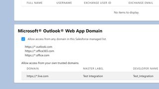 A list of whitelisted Microsoft Outlook Web App domains in Salesforce.