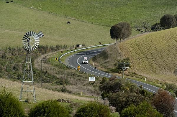 A rider in the men's time trial descends nearing the finish in Ceres on the outskirts of Geelong.
