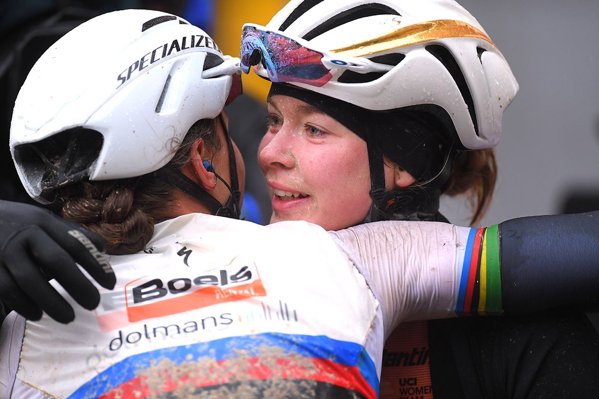 Anna van der Breggen celebrates with teammate and world champion Chantal Blaak