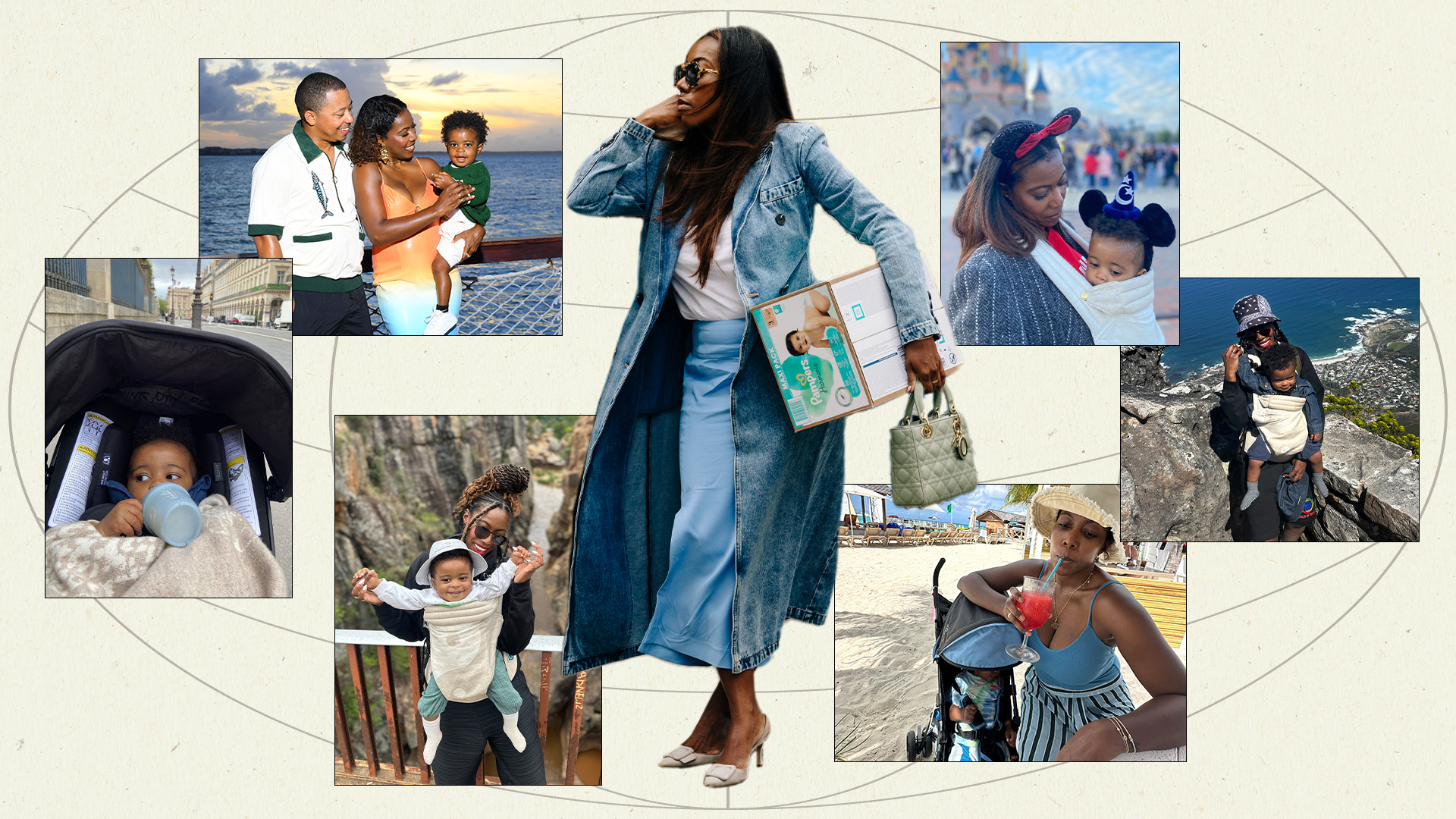 Collage of Tiffany Reid traveling with her partner and baby.