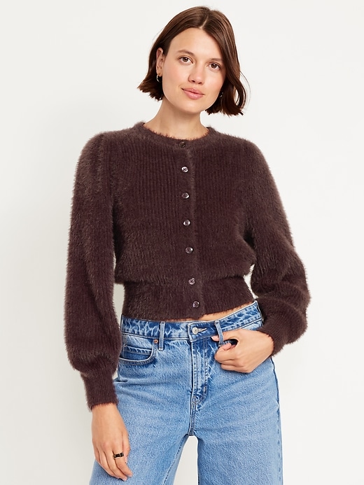 Cropped Eyelash Cardigan Sweater