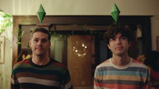 Dylan O'Brien and James Sweeney with sim diamonds over their heads in Twinless