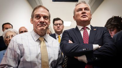 James Comer and Jim Jordan are seen in the Rayburn House office building on Capitol Hill in Washington, DC