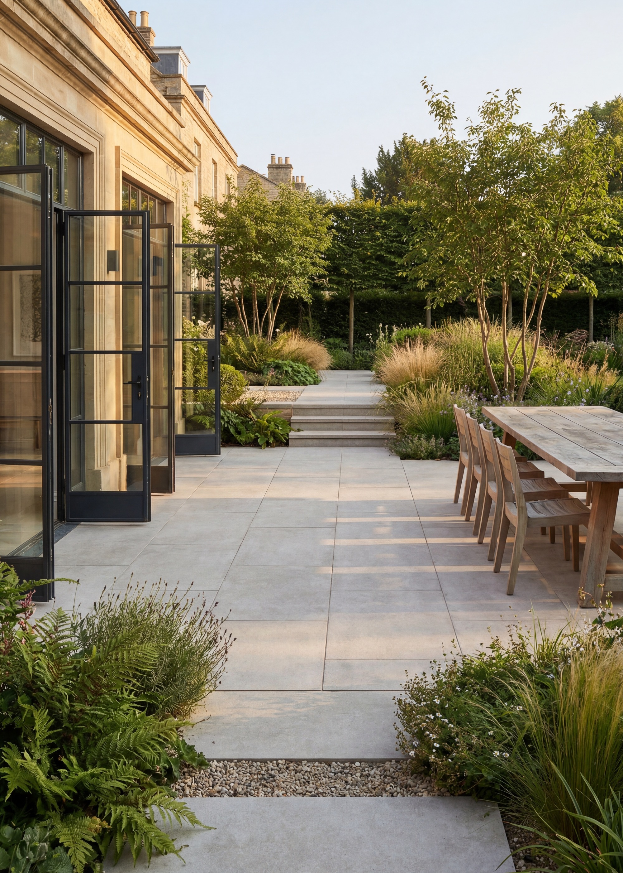 Ca' Pietra Pierre Gris paving laid on a patio surrounded by planting