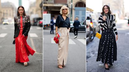 Three street style images showing long skirt outfit ideas