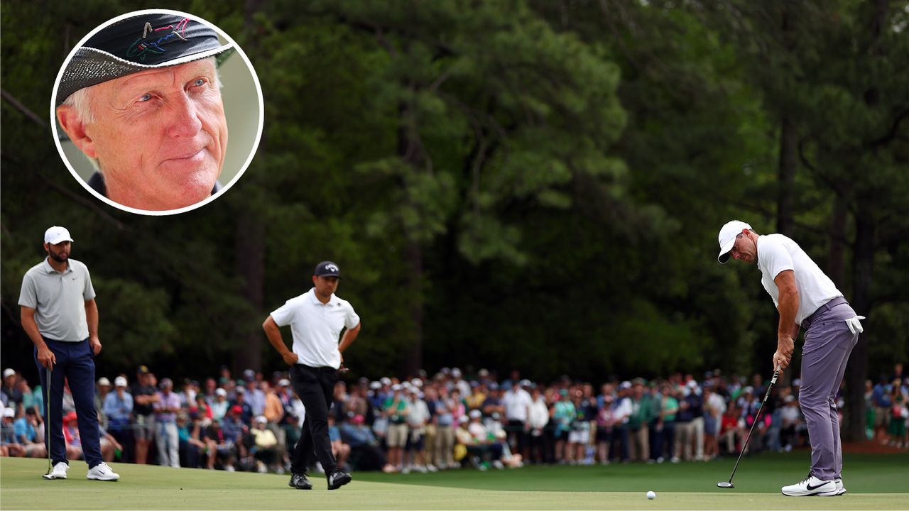 Rory McIlroy strikes a putt whilst Xander Schauffele and Scottie Scheffler look on