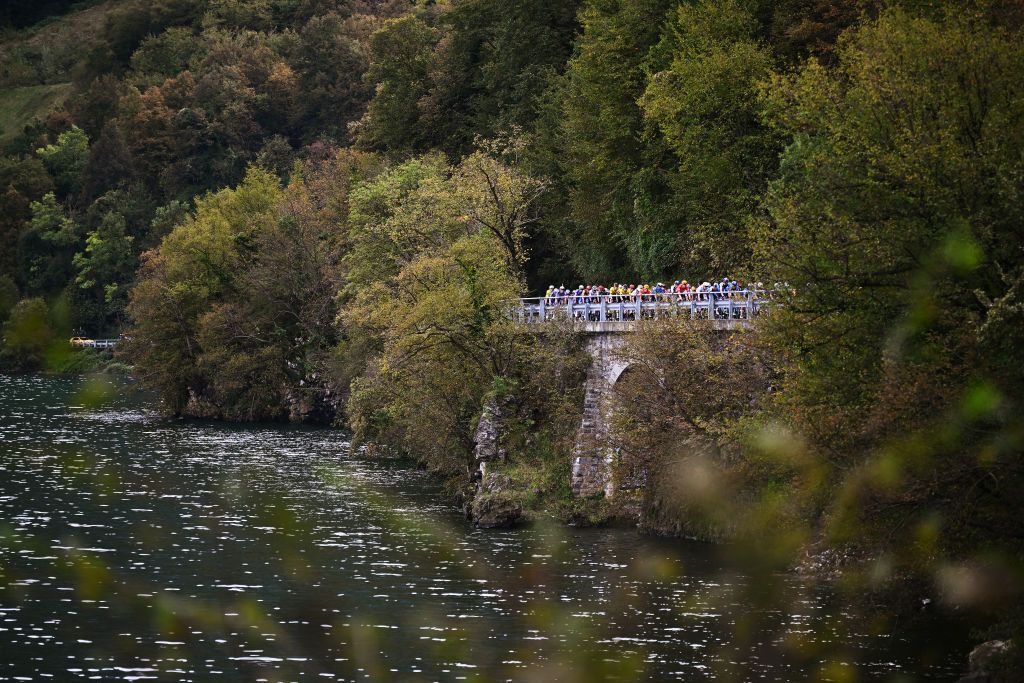 COMO ITALY OCTOBER 12 A general view of the peloton competing during the 118th Il Lombardia 2024 a 255km one day race from Bergamo to Como UCIWT on October 12 2024 in Como Italy Photo by Tim de WaeleGetty Images