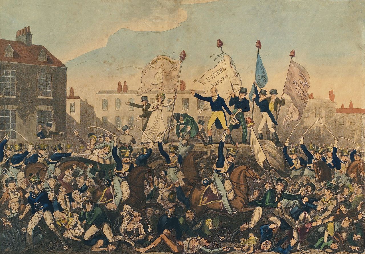 The Peterloo Massacre. The massacre took place on August 16, 1819 at St Peter&#039;s Field, Manchester, when the 15th Hussars, a cavalry regiment, charged with sabres drawn into an unarmed crowd who were demanding reform of parliamentary representation, killing 15 and wounding an estimated 500-plus. Engraving published by Richard Carlile, October 1, 1819.