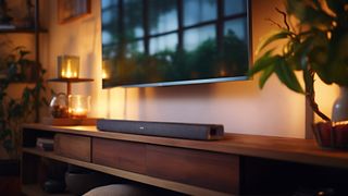 Denon DHT-S218 soundbar on a wooden media unit sitting beneath a wall mounted TV