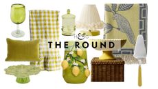 Citron green decor, including a wine stem, velvet pillow, cake stand, tablecloth, vase, bonbonniere, table lamp, pedestal bowl, tart server, and throw blanket, pictured against a white background