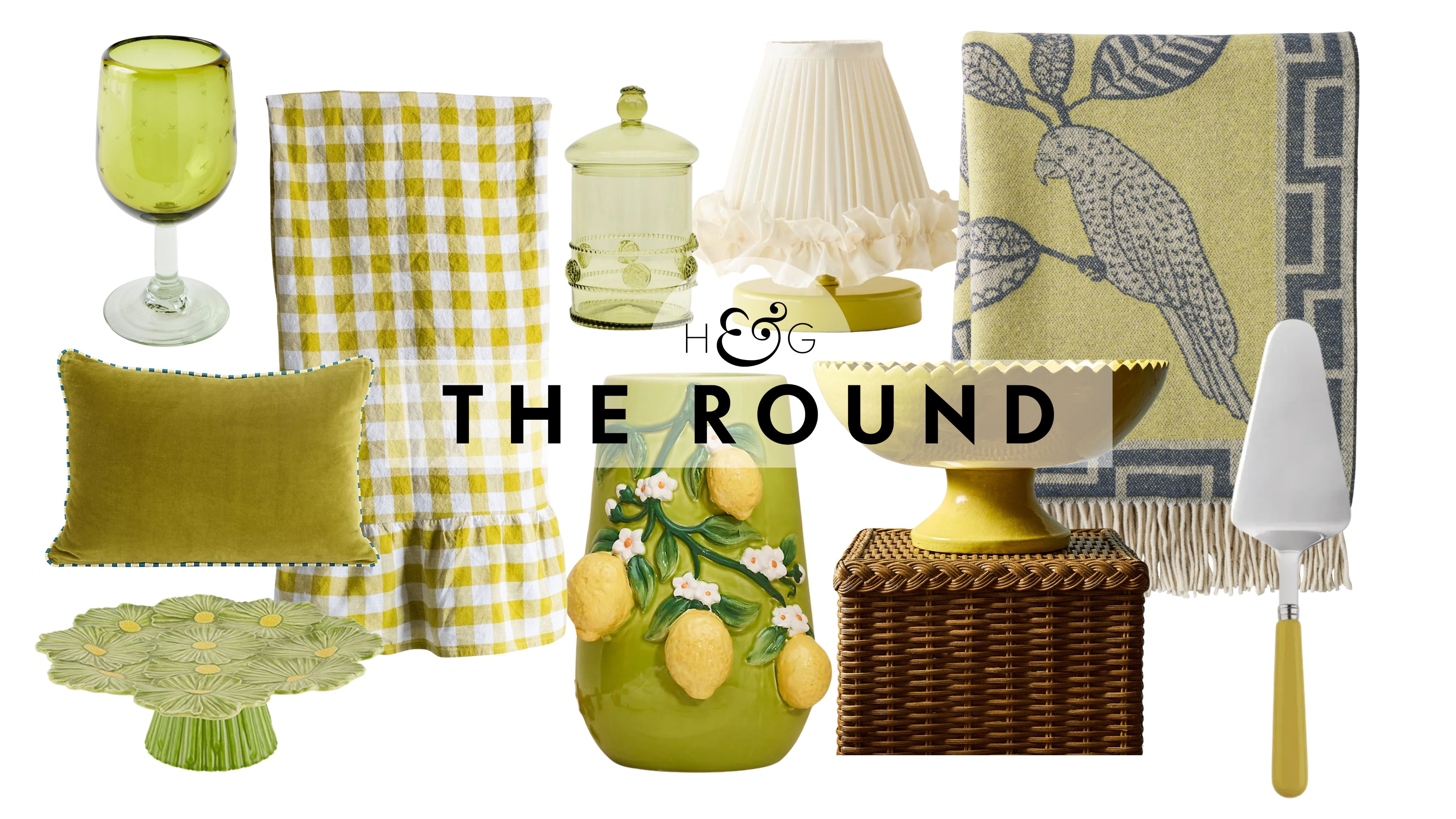 Citron green decor, including a wine stem, velvet pillow, cake stand, tablecloth, vase, bonbonniere, table lamp, pedestal bowl, tart server, and throw blanket, pictured against a white background