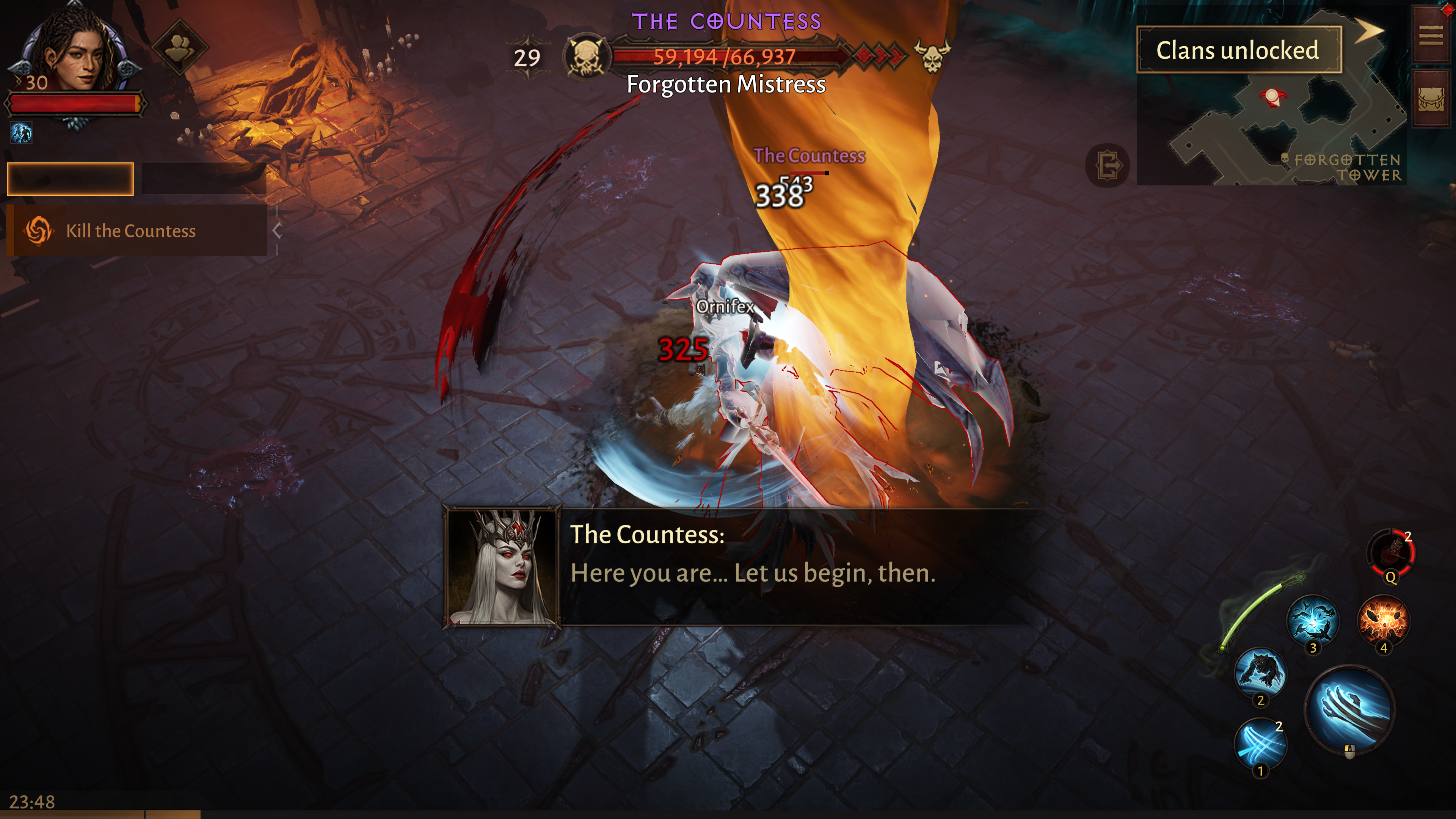 A Diablo Immortal druid swipes at an enemy while they're wrapped in an orange tornado.