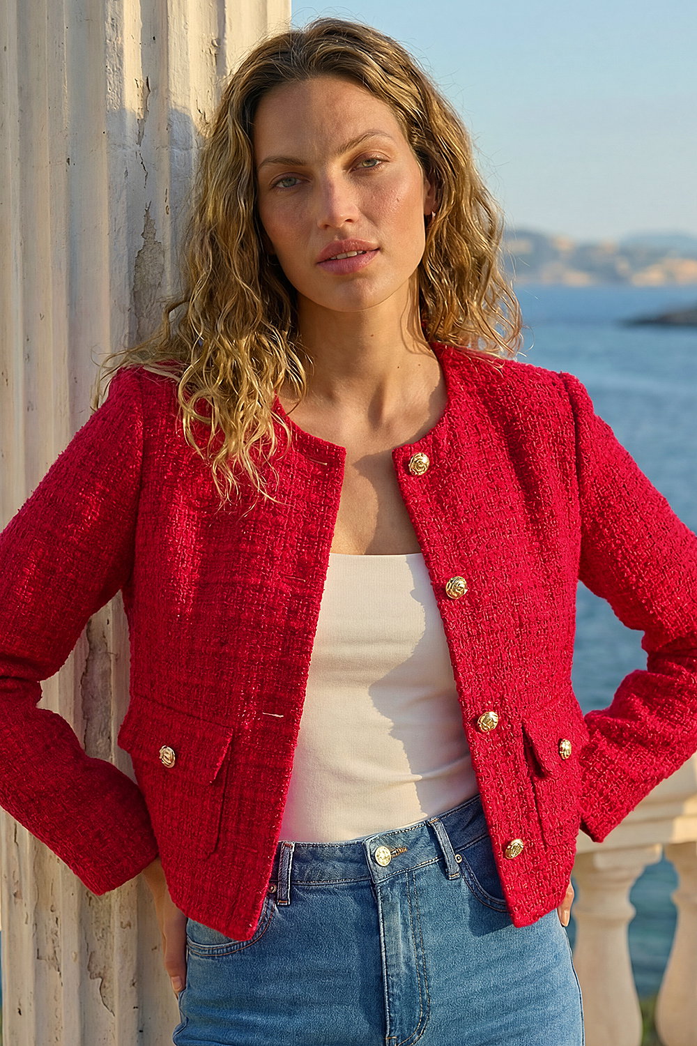 Collarless Boucle Jacket