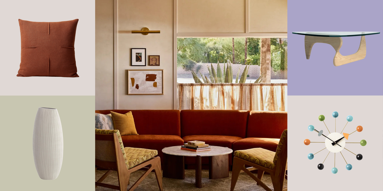 mid-century style living room surrounded by various modern décor products