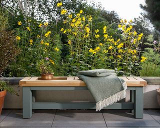 garden bench with plant and throw
