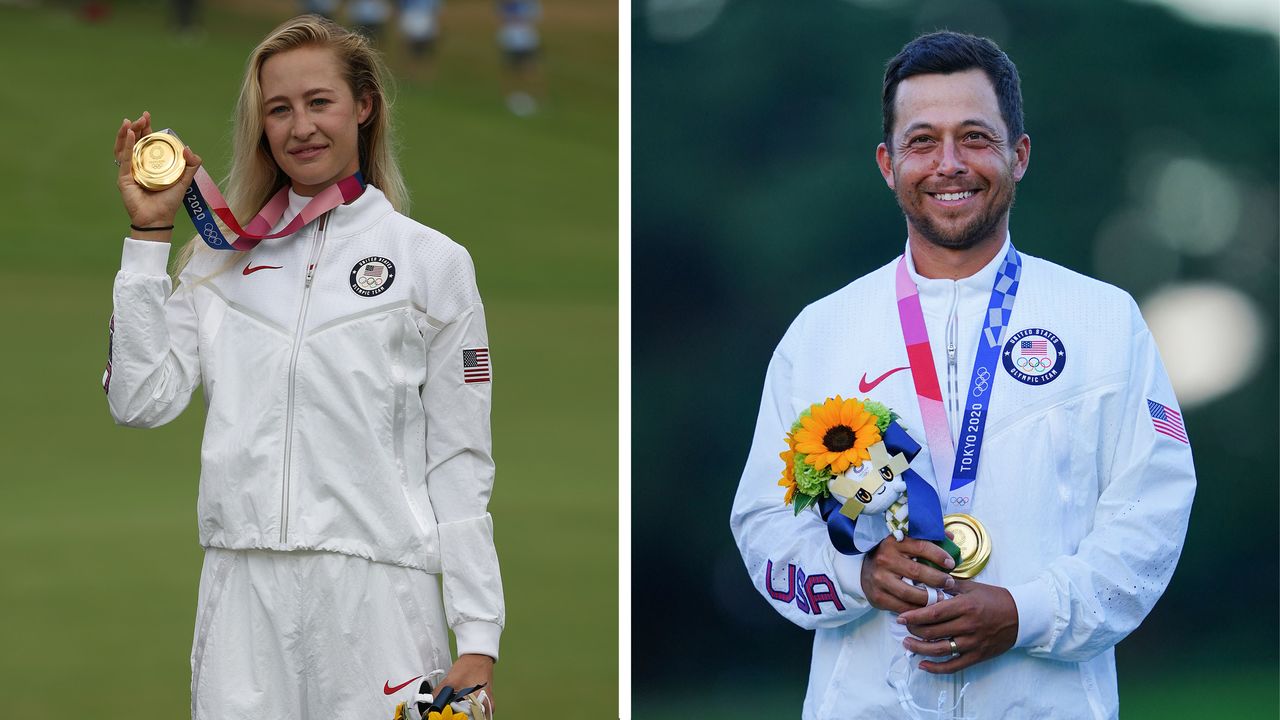 Nelly Korda and Xander Schauffele with their golf medals at the Tokyo 2020 Olympics