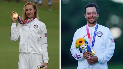 Nelly Korda and Xander Schauffele with their golf medals at the Tokyo 2020 Olympics