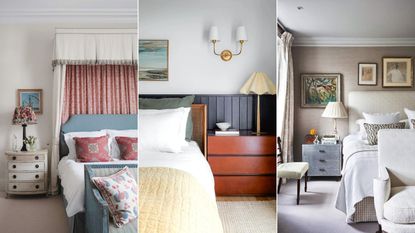 Three images of beds with nightstands
