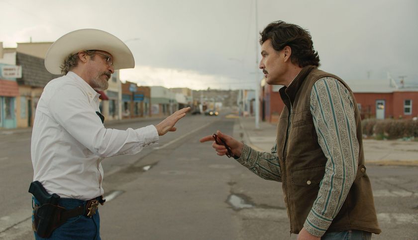 (From L to R) Joaquin Phoenix as Joe Cross and Pedro Pascal as Ted Garcia in the A24 movie Eddington