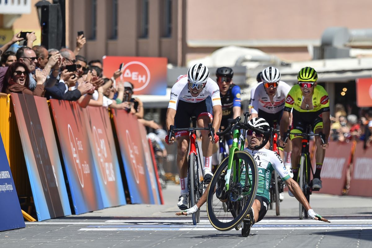 International Tour of Hellas 2022 17th Edition 1st stage Heraklion Chania 1901 km 27042022 Crash Eduard Prades ESP Caja Rural Seguros RGA Filippo Baroncini ITA Trek Segafredo photo Tommaso PelagalliSprintCyclingAgency2022