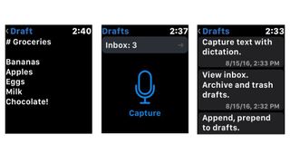 Skjermbilder fra appen Drafts på en Apple Watch.