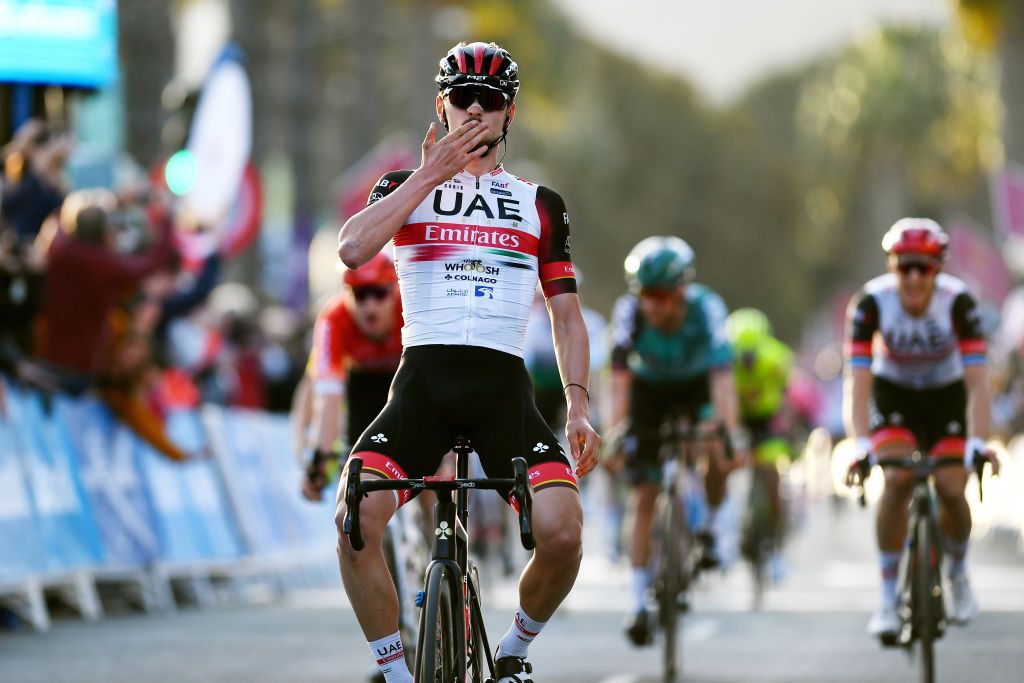 CARTAGENA SPAIN FEBRUARY 12 Alessandro Covi of Italy and UAE Team Emirates celebrates winning during the 42nd Vuelta Ciclista A La Region De Murcia Costa Calida 2022 a 1832km one day race from Fortuna to Puerto de Cartagena VueltaRegionMurcia22 on February 12 2022 in Cartagena Spain Photo by Tim de WaeleGetty Images