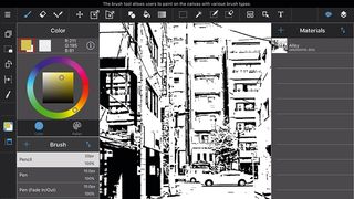 Black and white city image on Medibang Paint drawing app for iPad