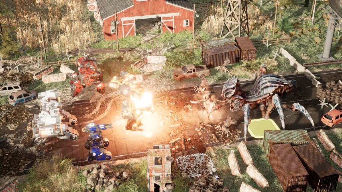 An image of mechs fighting giant monsters from game Mech Armada