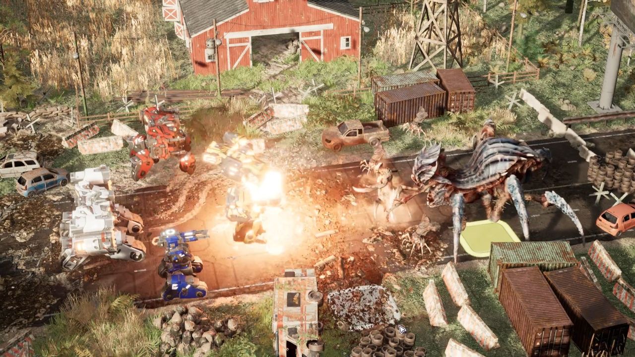 An image of mechs fighting giant monsters from game Mech Armada