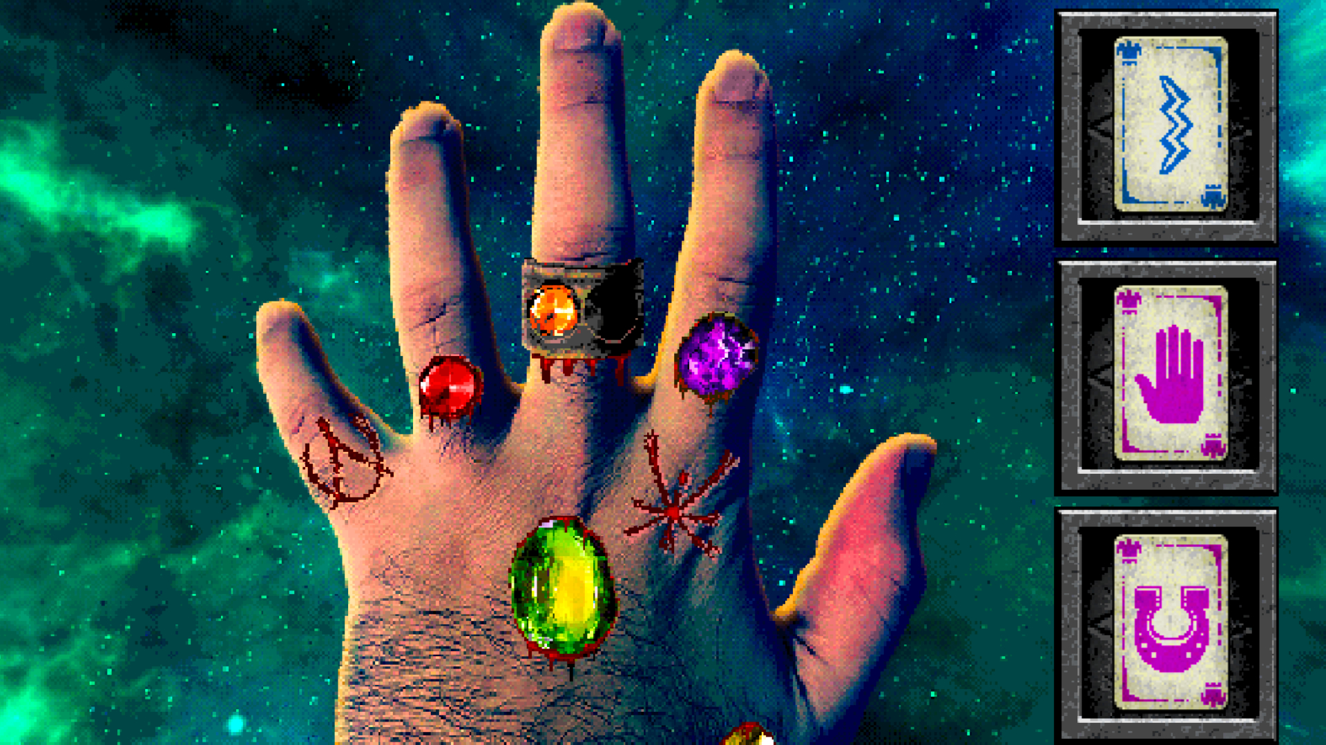 A hand with gems embedded into the flesh and runes imprinted on the skin from Forbidden Solitaire's The Discarded DLC.