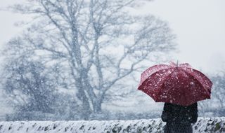 woman with a red umbrella in the snow