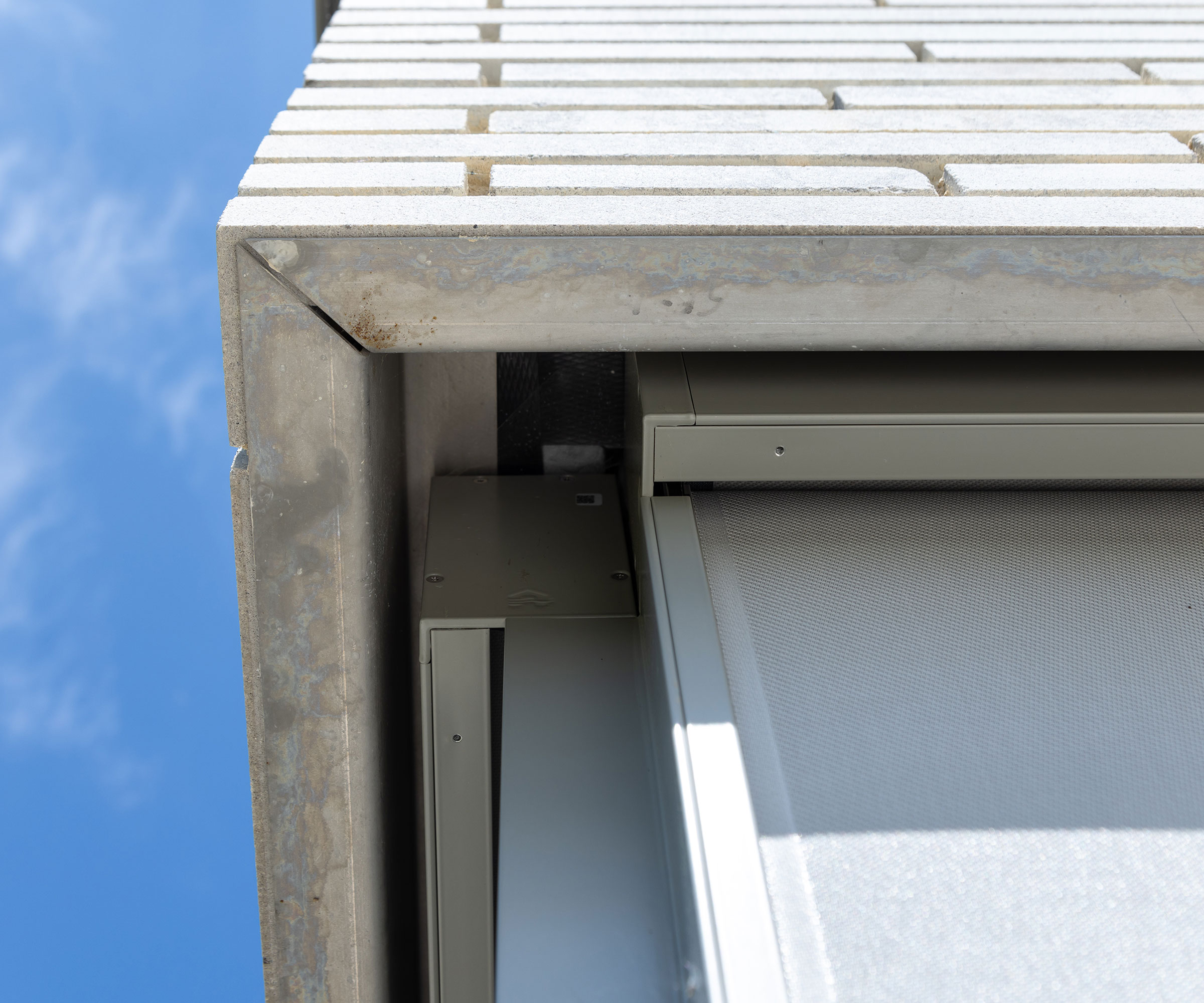 Close up of corner external blinds from below looking up