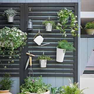 living wall with bucket planter and herbs